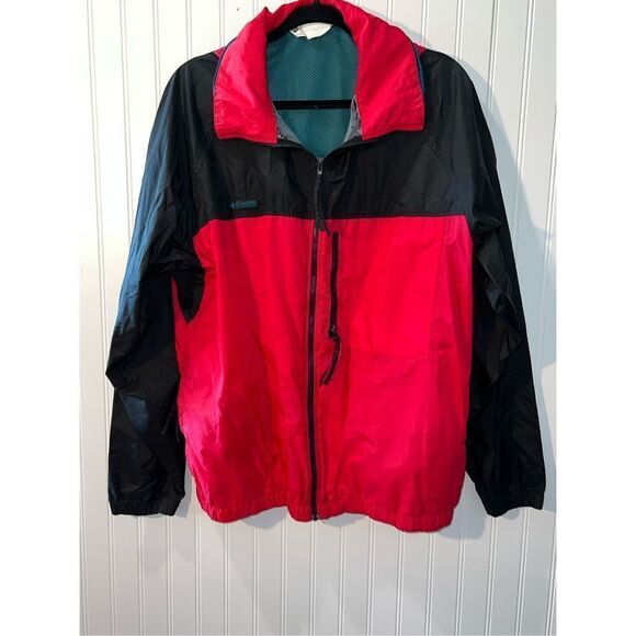 Columbia Hooded Jacket Men Large Colorblock Red Black Windbreaker Retro Classic - Picture 1 of 9